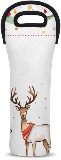 Discover Xmas Reindeer Pattern Wine Gift Tote Bag Neoprene Single Bottle Holder 750ml Wine Carrier Bags for Travel Wedding Festival Favors 5.1 X 15.6 In