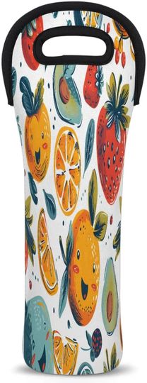 Discover Cartoon Fruit Patterns Wine Carrier Tote Bag Neoprene Wine Tote Bag with Carry Handle Reusable Single Wine Bottle Holder for Travel Party Picnic