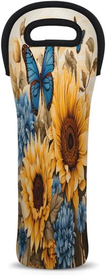 Discover Sunflowers Retro Pattern Wine Carrier Tote Bag Neoprene Wine Tote Bag with Carry Handle Reusable Single Wine Bottle Holder for Travel Party Picnic