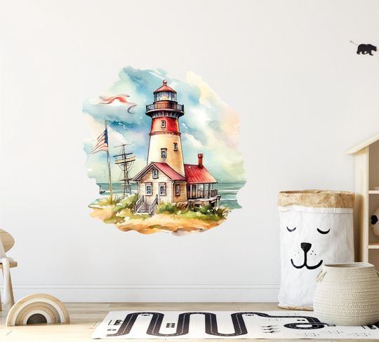 Discover Watercolor Lighthouse Wall Decal, Beach Town Sticker for Bedroom & Home Decor