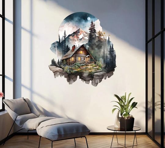 Discover Magical Cabin Wall Sticker Forest Cabin Theme Wall Decor Moon Watercolor Wood Cabin Wall Art Bedroom Vinyl Mural Poster