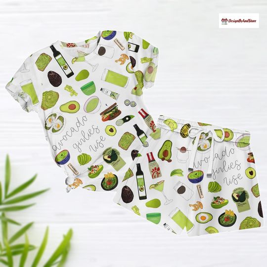 Discover Avocado Print T-Shirt & Shorts Pajamas Set, Green Pattern