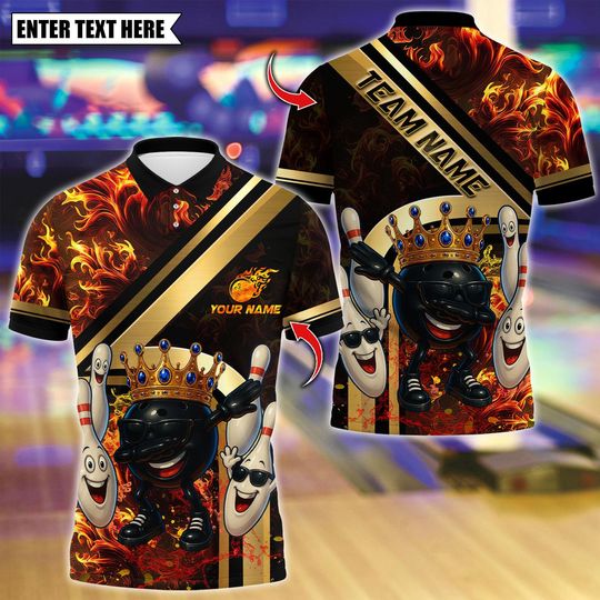 Discover Custom Bowling Polo Royal Fireball Gold Stripe, Personalized Bowling Polo for Men & Women,Personalized Name Team 3D Shirt