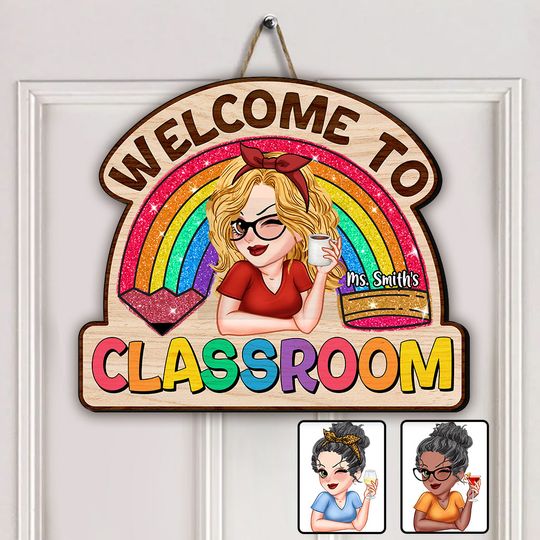 Discover Teacher Life Glitter Rainbow - Personalized Teacher Custom Shaped Wood Sign