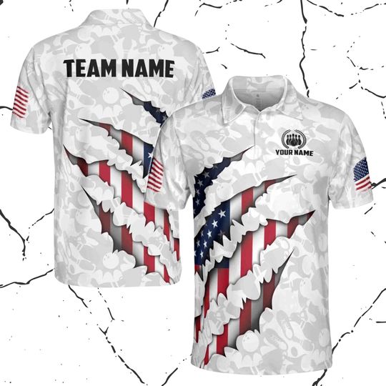 Discover Custom Name Team Patriotic American Flag Bowling Men's Polo Shirt