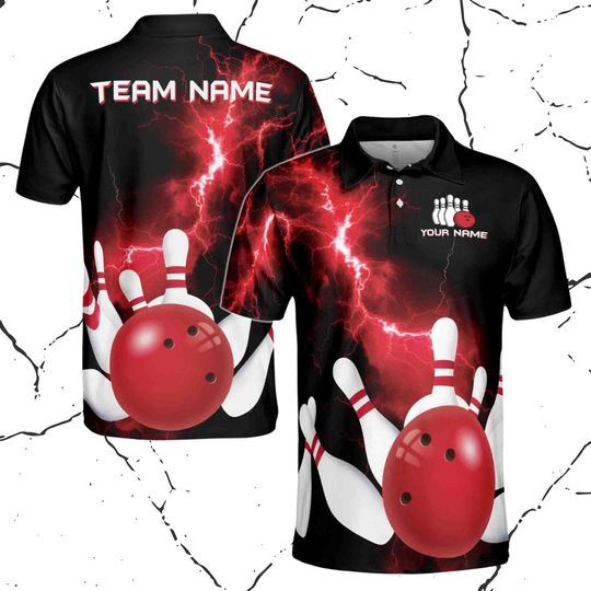 Discover Custom Name Team Lightning Bowling Ball Strike Men's Polo Shirt