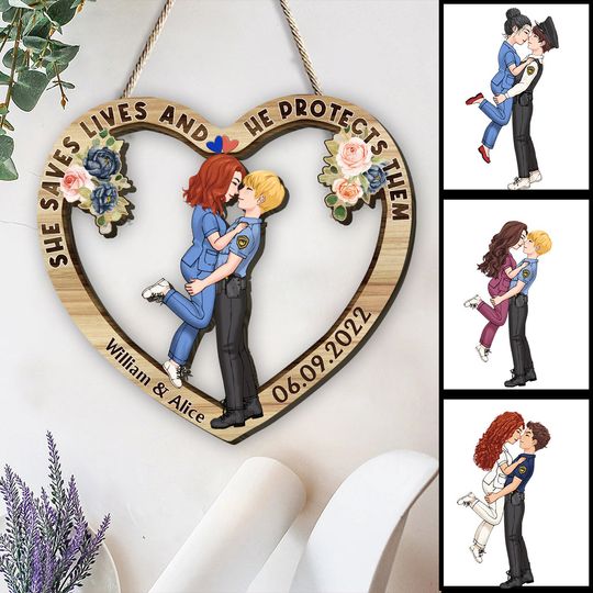 Discover She Saves Lives And He Protects Them - Personalized Couple Custom Shaped Wood Sign