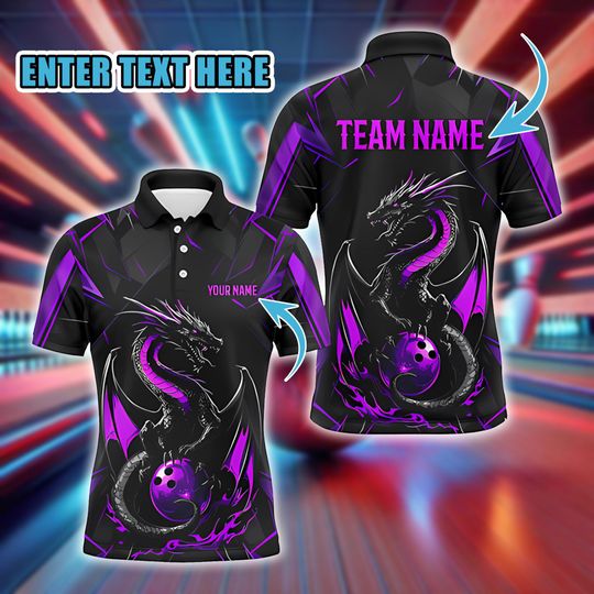 Discover Custom Fantasy Bowler Polo, Personalized Black and Purple Dragon Bowling Polo for Men, Team League Uniform Shirt, Gift for Players.