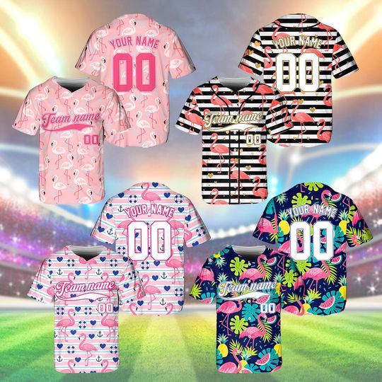 Discover Personalized Flamingo Tropical Team Name Baseball Jersey Floral Pattern, Custom Team Name Number Jersey, Tropical Shirt, Baseball Team