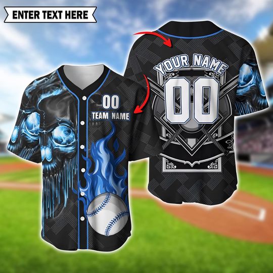 Discover Baseball Jersey Skeleton Blue Flame Custom 3D Shirt, Personalized Sports Apparel, Custom 3D Shirt Uniform Jerseys Gifts, Gift For Him.