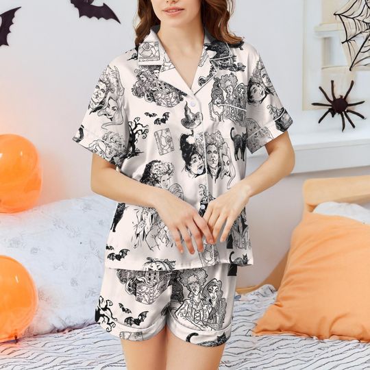 Discover Hocus Pocus Satin Pajamas Set, Disneyyy Halloween Pajamas, Sanderson Sisters Pajamas, Horror Characters Holiday Sleepwear, Disneyyy Witches Pjs