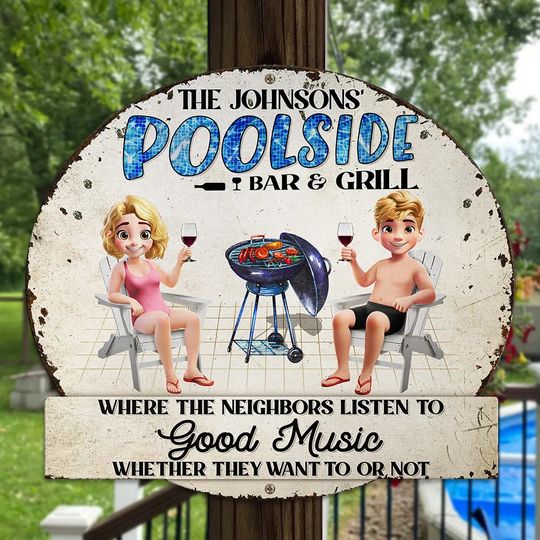 Discover Couple Poolside Bar & Grill Listen To Good Music - Personalized Shaped Metal Sign
