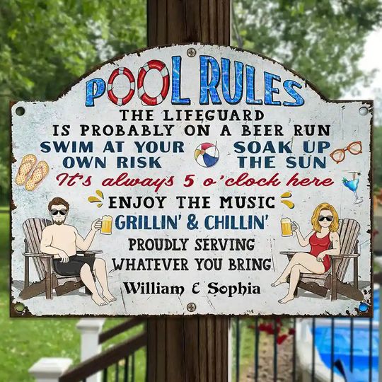 Discover Pool Rules Swim At Your Own Risk Grilling - Personalized Custom Shaped Metal Sign