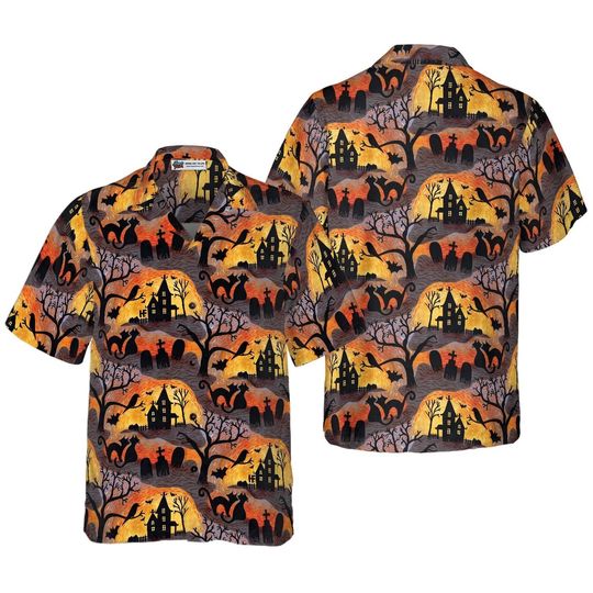 Discover Spooky Night Short Sleeve Halloween Hawaiian Shirt, Casual Button Up Aloha Beach Shirt
