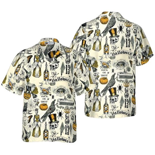 Discover Trickery Pattern Short Sleeve Halloween Hawaiian Shirt, Casual Button Up Aloha Beach Shirt