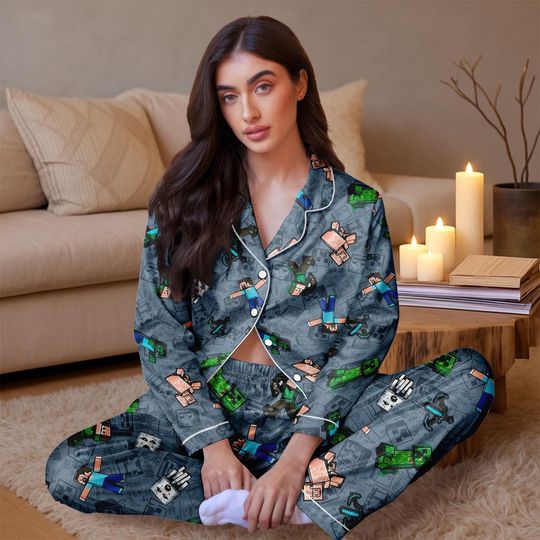 Discover Funny Minecraft Satin Pajamas Set, Baby Creeper Sleepwear For Kids