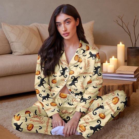 Discover Halloween Black Cat Satin Pajamas, Fall Cat Silk Pajamas For Women, Witch Cat Trick or Treat Sleepwear, Animal Horror Bridesmaid Pajama