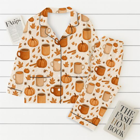 Discover Pumpkin Spice Fall Pajamas Set, Autumn Coffee Mug Leaf Sleepwear