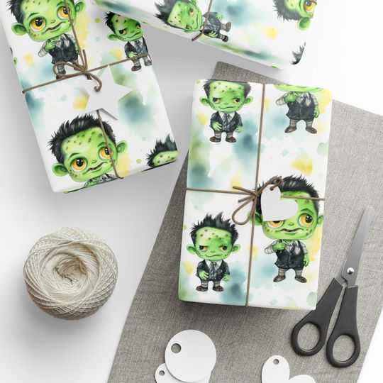 Discover Cute Frankenstein Gift Wrap Chibi Green Monster Halloween Wrapping Paper in Spooky Fun Trick or Treat Party Packaging