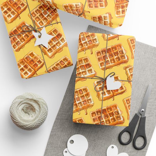 Discover Waffle Gift Wrapping Paper Food Pattern Yellow Gift Wrap Thanksgiving Present Gift Packaging Food Wrap