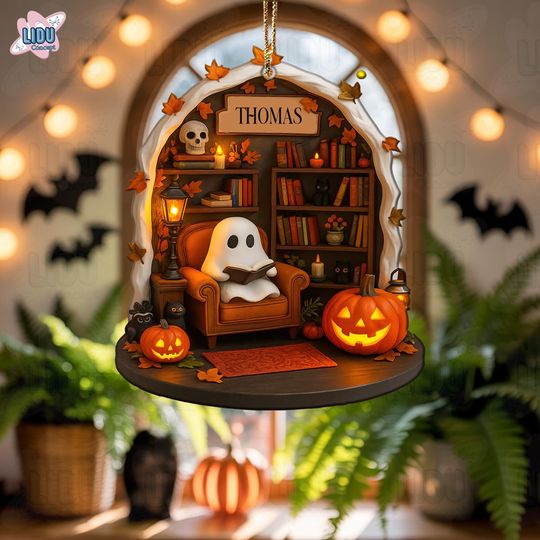 Discover Personalized Halloween Ghost FLAT ARCRYLIC Ornament, Cozy Reading Ghost