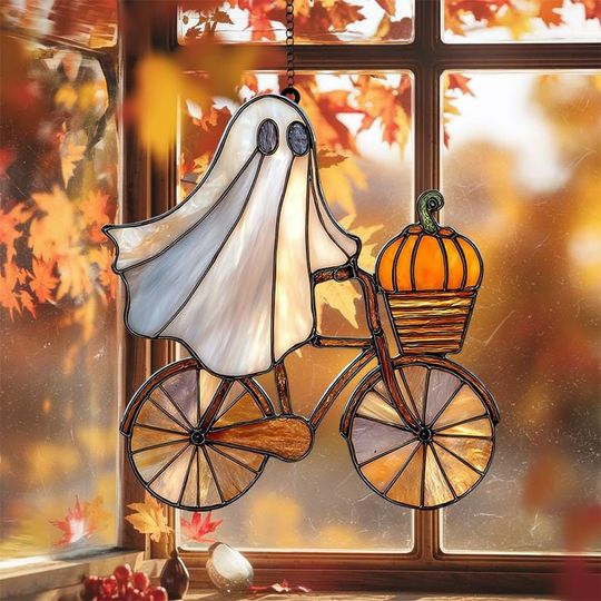 Discover Halloween Ghost on Bicycle Suncatcher  Acrylic Hanging Window Decor with Pumpkin Basket  Cute Spooky Fall Ornament for Home