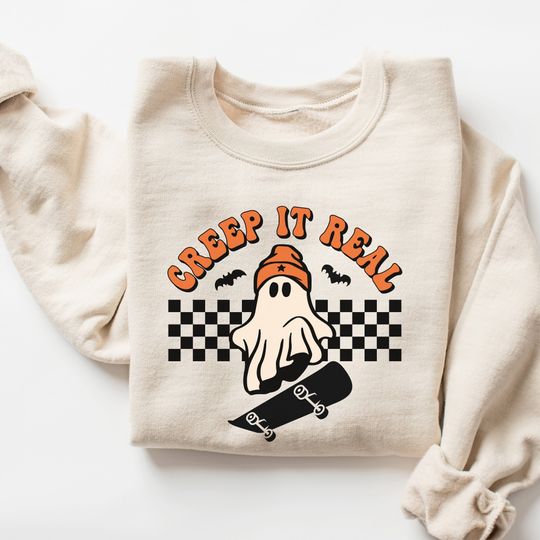 Discover Halloween Creep It Real Sweatshirt, Ghost Skateboarding Shirt, Vintage Halloween Sweater