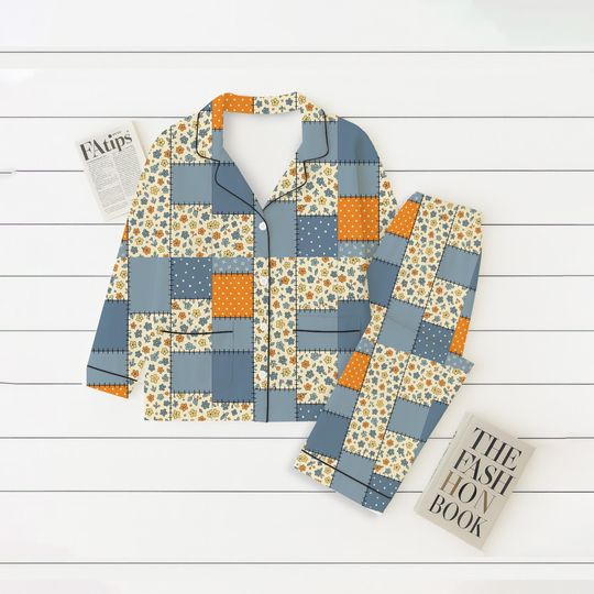 Discover Vintage Floral Patchwork Pajamas Set, Holiday Long Sleeve Shirt