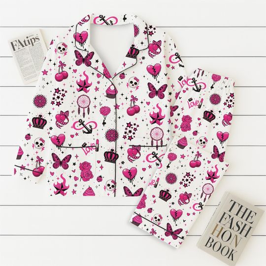 Discover Halloween Pajamas Set, Y2K Butterfly Skull Star Crown Cherry Sleepwear