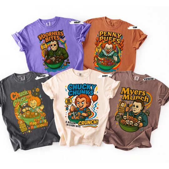 Discover Horror Cereal Halloween Shirt, Scary Movie Characters Shirt, Funny Killer Breakfast Tee