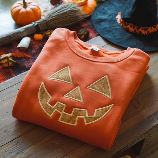 Discover Jack-o-lantern Pumpkin Embroidered Sweatshirt, Halloween Costumes, Spooky Season Embroidered Crewneck, Halloween Gift, Gift For Him, Women