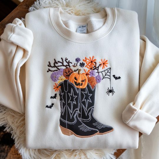Discover Western Embroidered Sweatshirt, Halloween Cowgirl Boots Boots Shirt, Western Graphic Tee, Country Halloween, Spooky Season, Halloween Gift