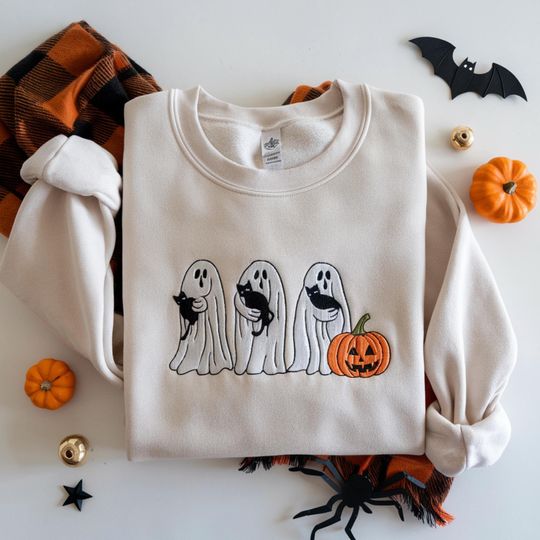 Discover Cute Ghosts and Black Cat Embroidered Sweatshirt, Halloween Ghost Pumpkin Spooky Season, Ghost Shirt, Ghost Black Cat Halloween Sweatshirt