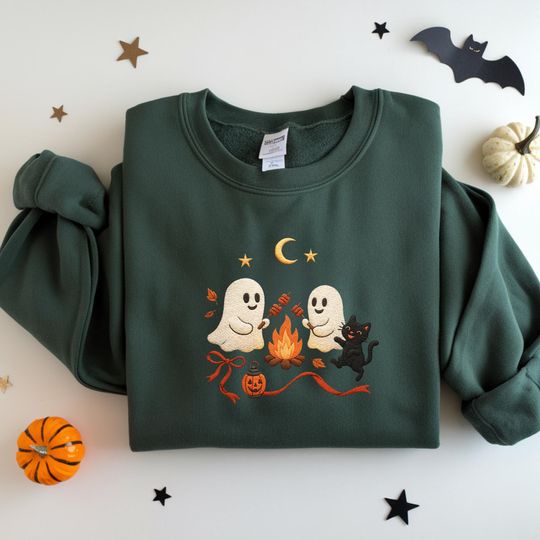 Discover Ghosts Camping Halloween Embroidered Sweatshirt, Spooky Season Outdoors Gifts, Funny Ghost Shirt, Spooky, Fall Ghost T-Shirt, Halloween Gift