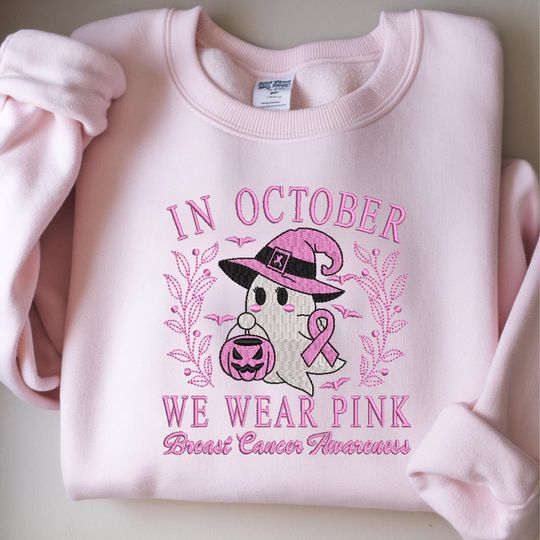 Discover Breast Cancer Embroidered Sweatshirt, In October We Wear Pink Ghost Shirt, Cancer Support Shirt, Cancer Awareness Shirt, Cancer Fighter Gift