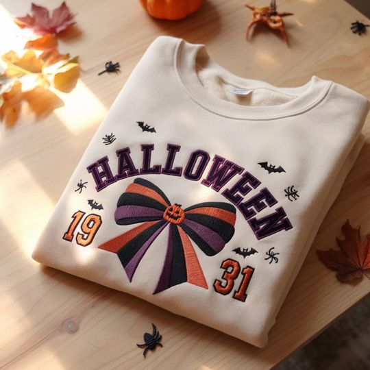 Discover Embroidered Halloween Sweatshirt, Halloween Hoodie, Jack-o-Lantern Shirt, Fall Shirts, Spooky Season Shirt, Halloween Party, Coquette Bow