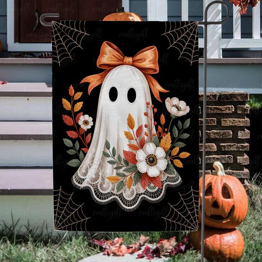 Discover Cute Ghost Halloween Garden Flag, Autumn Spooky Floral Yard Flag, Gothic Kawaii Ghost Flag, Retro Witchy Fall Outdoor Yard Decoration,MYI671