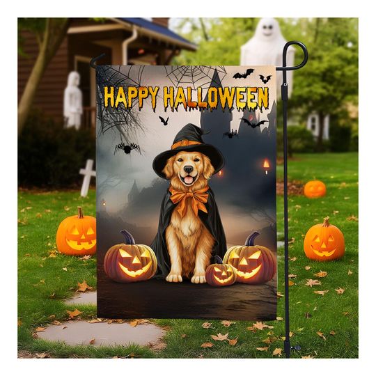 Discover Golden Retriever Halloween Garden Flag, Witch Dog Banner, Halloween Yard Decoration, Double-Sided Garden House Flag, Outdoor Halloween Decor