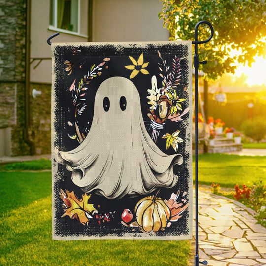 Discover Retro Ghost Halloween Garden Flag, Fall Season Outdoor Decor, Halloween Floral Yard Flag, Ghost Spooky Season Flag, Autumn Flag Decoration