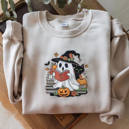 Discover EMBROIDERED Ghost Reading Books Sweatshirt, Librarian Ghost Halloween With Black Cat Shirt, Halloween Teacher Sweatshirt, Gift for Halloween