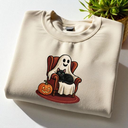 Discover Ghost Reading Books EMBROIDERED Sweatshirt, Librarian Ghost with black cat, Halloween Teacher Sweatshirt, Boo School, Halloween Gifts