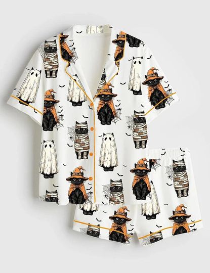 Discover Women’s Black Cat & Pumpkin Ghosts Satin Pajama Set – Halloween Gift PJs