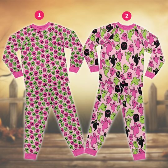 Discover Cute Pink Boo Skull Halloween Pajamas Set, Trick Or Treat Long Sleeve Two Piece Pajama, Spooky Vibes Skeleton Loungewear, Halloween Gift