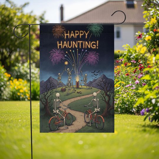 Discover Happy Haunting Halloween Skeleton Fireworks Garden Flag, Skeleton Bike Camp Flag