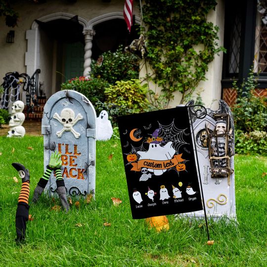 Discover Personalized Halloween Garden Flag,Halloween Family Ghost Flag,Custom Grandkids Name Halloween Personalized Garden Flag,Gift from Grandkid
