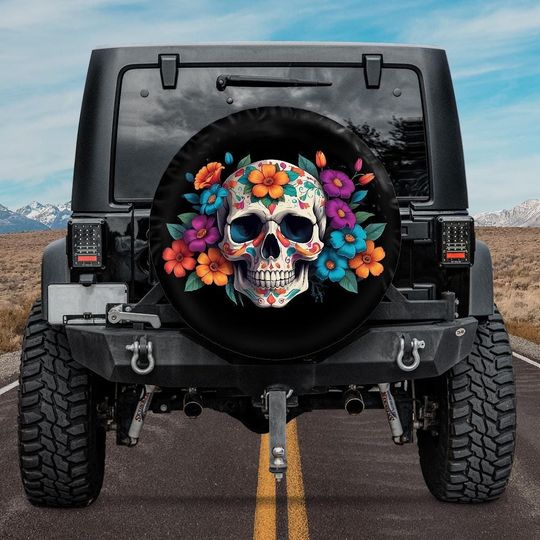 Discover Halloween 2025 Skull Spare Tire Cover Camera Hole option,Gothic Skull car Accessories for Bronco Jeeps SUVs ,dia de los muertos tire cover