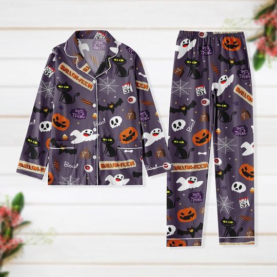 Discover Halloween Black Cat Pajamas Set, Cute Ghost Women Pajamas, Halloween Pumpkin Thick Pajamas, Spooky Season Gift