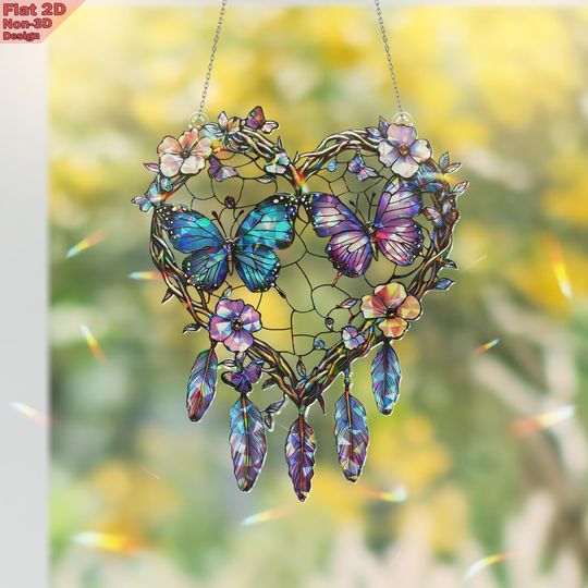 Discover Acrylic 2D Flat Butterfly Heart Window Hanging Ornament, Broken Glass Hologram