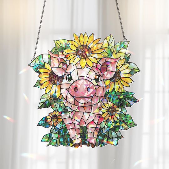 Discover Broken Glass Hologram Pig and Sunflower Sun Catcher, 2D Flat Window Hanging