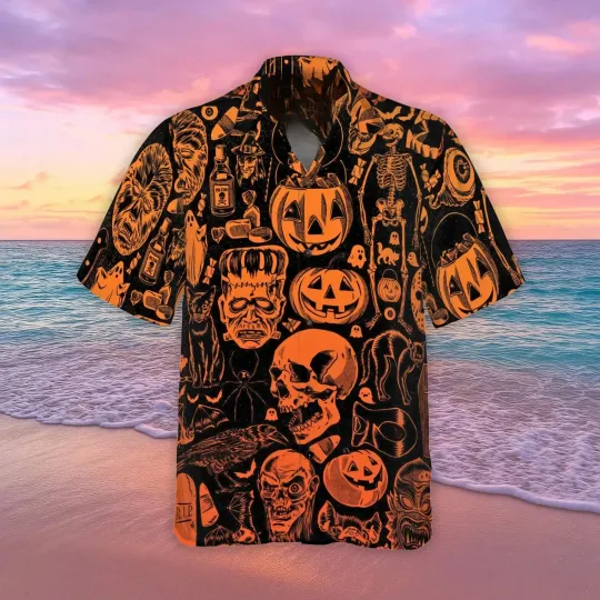 Discover Vintage Halloween Hawaiian Shirt, Retro Skull Pumpkin Shirt - Adults & Youth